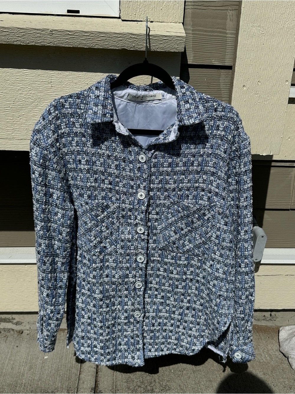 Charlie Luciano Chic Tweed Button-Up Shirt Jacket in Blue & White